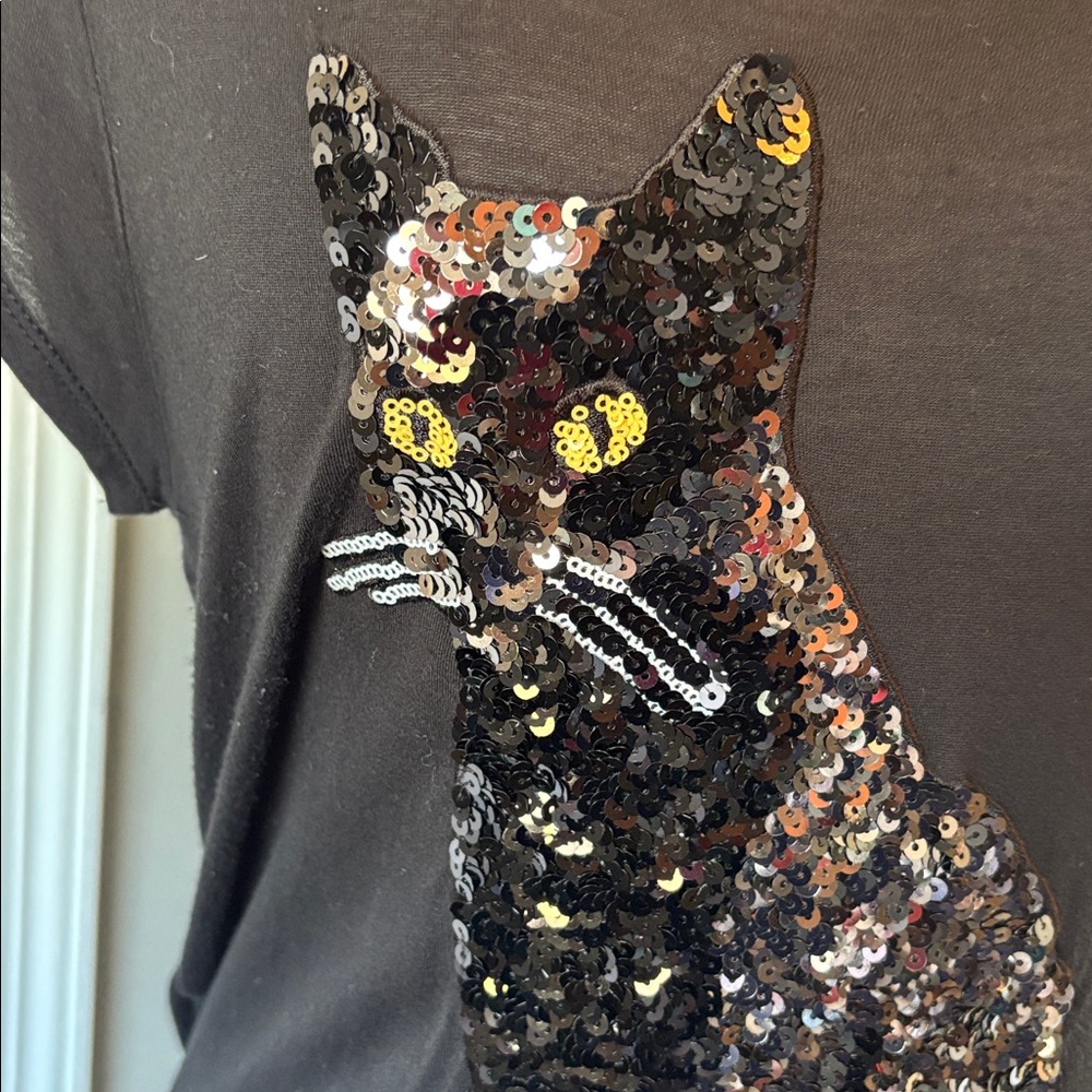 H&M Black Sequin Cat Graphic Tee